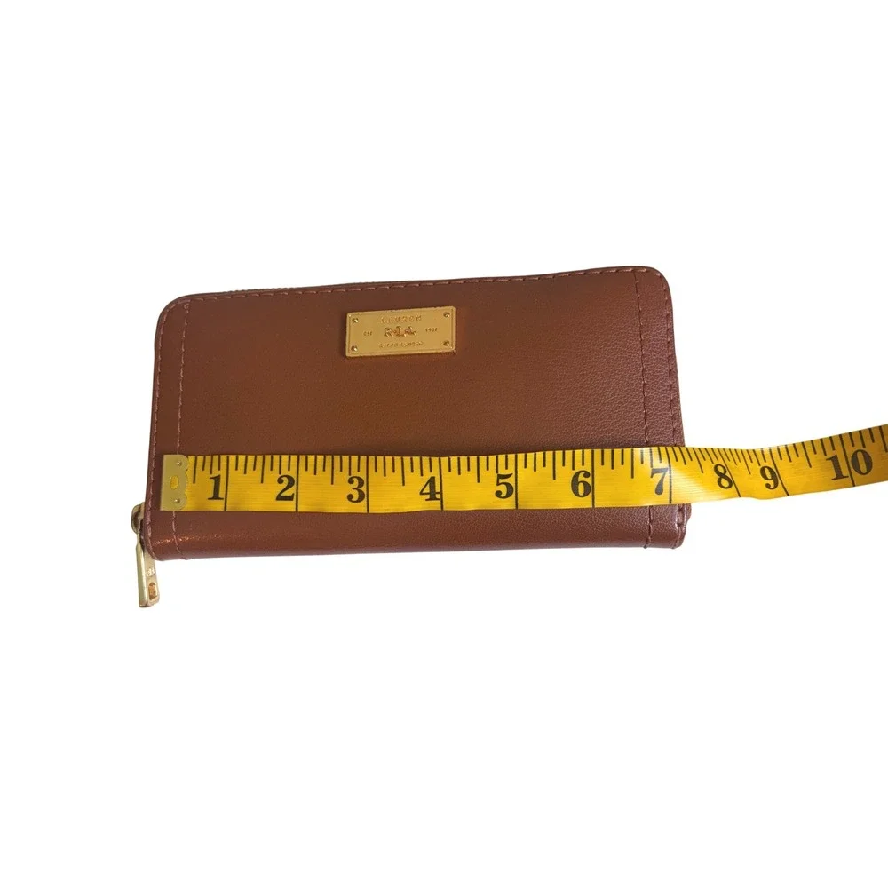 Lauren Ralph Lauren Brown Leather Zip Around Wallet Gold Logo Plaque Cognac